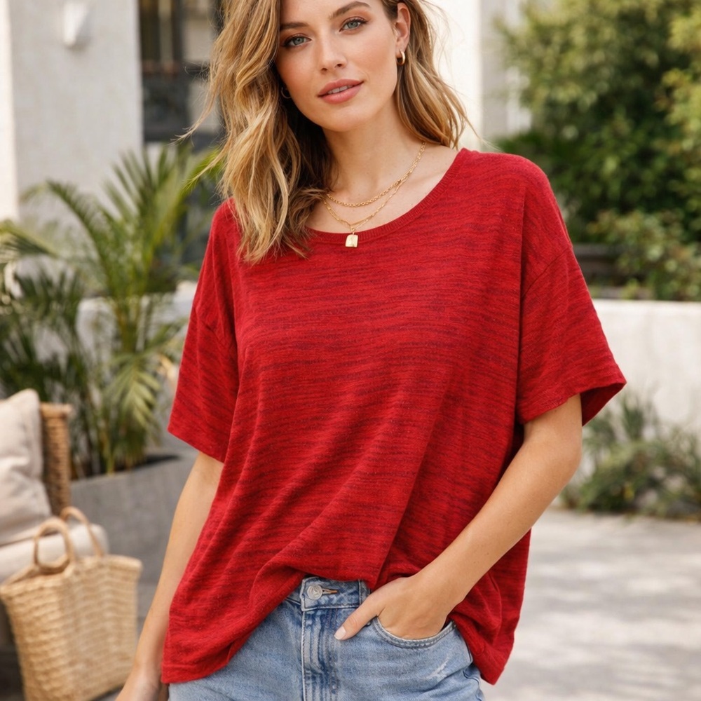 Michael Michael Kors Red Sheer Knit Top Medium Hi Low Hem Lightweight